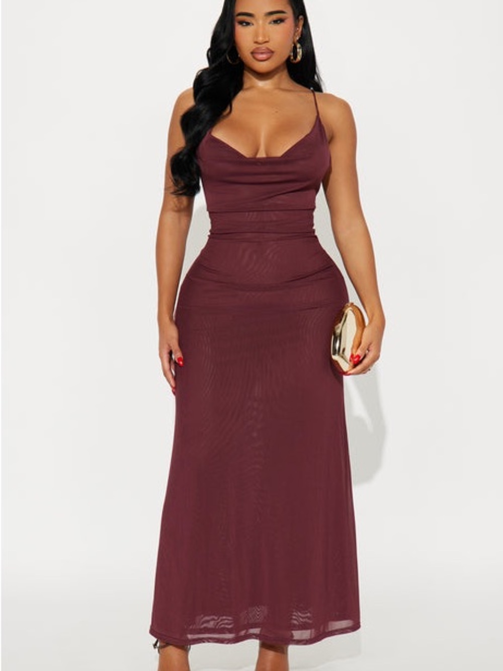 Fashion Nova Burgundy Cowl Neck Maxi Dress